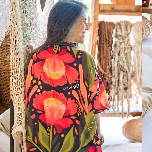 Pijama Camisero Flor Negro